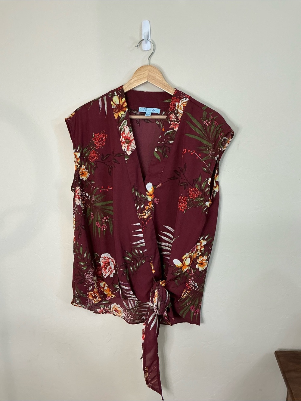 She + Sky Floral Tie-Front Blouse - Burgundy with Green and Cream Accents
